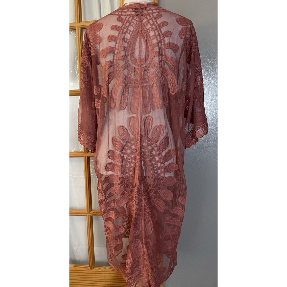 David And Young Floral Lace Duster Kimono OS Open Front Scalloped Hem Boho Beach - Picture 3 of 10